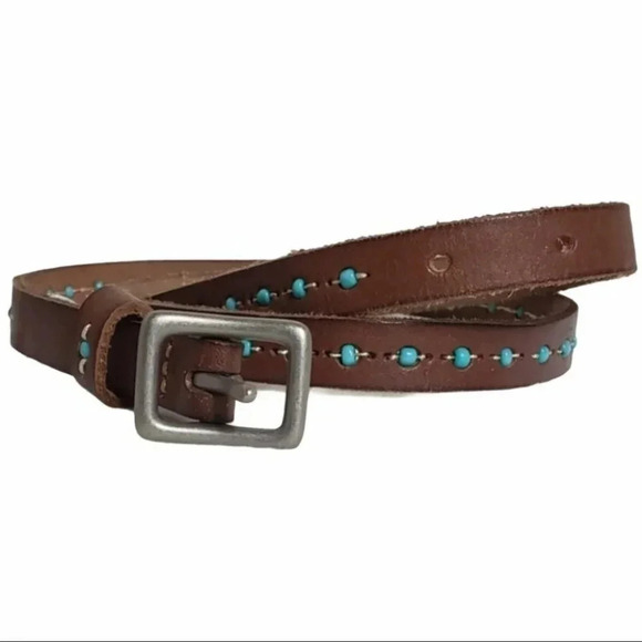 Brown genuine‎ leather Small belt w/turquoise - Picture 1 of 5